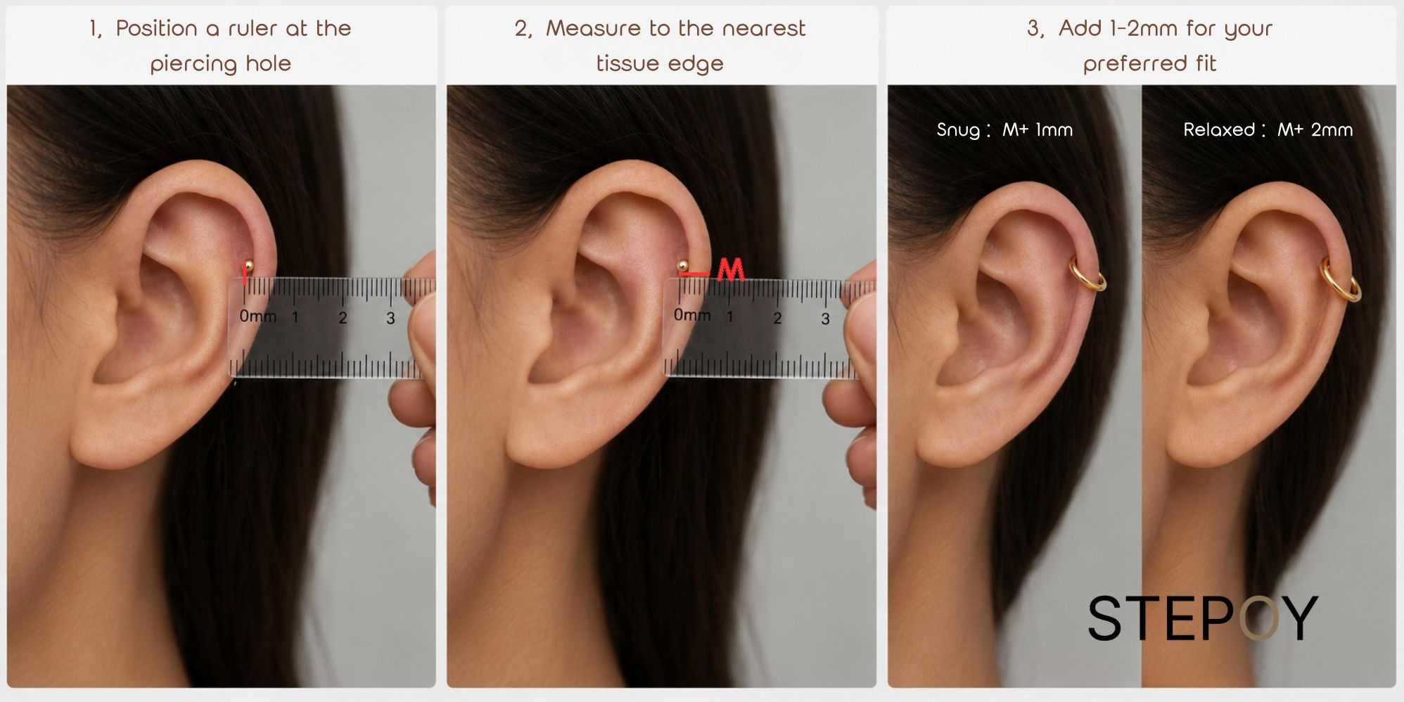 How to measure ear piercing diameter: ruler held from helix piercing hole to outer ear edge
