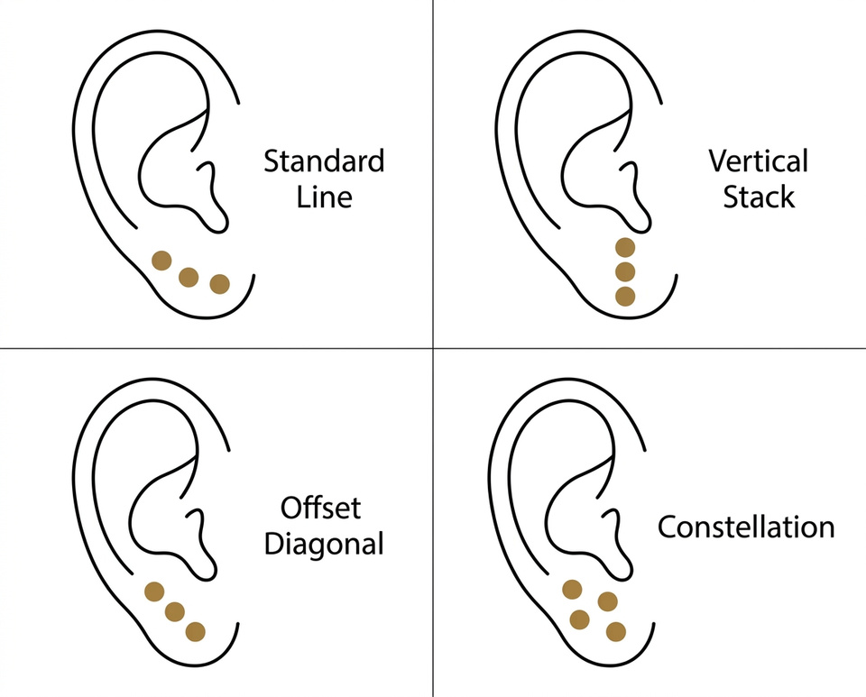Lobe piercing stacking layouts: standard line, vertical stack, offset diagonal, and constellation cluster