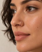 A little light beside your smile. Luma brings a softly shifting glow to a delicate 14ct solid gold nostril ring. The entire outer circumference is hammered by hand with tiny, irregular transverse marks: short strokes across the outer edge that catch the light in little flashes. The front-facing side and inner surface remain smooth and polished.

The width, depth, angle and spacing of these small marks vary naturally with each hammer stroke. No two rings have exactly the same pattern; yours will share the de