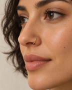 A little light beside your smile. Luma brings a softly shifting glow to a delicate 14ct solid gold nostril ring. The entire outer circumference is hammered by hand with tiny, irregular transverse marks: short strokes across the outer edge that catch the light in little flashes. The front-facing side and inner surface remain smooth and polished.

The width, depth, angle and spacing of these small marks vary naturally with each hammer stroke. No two rings have exactly the same pattern; yours will share the de