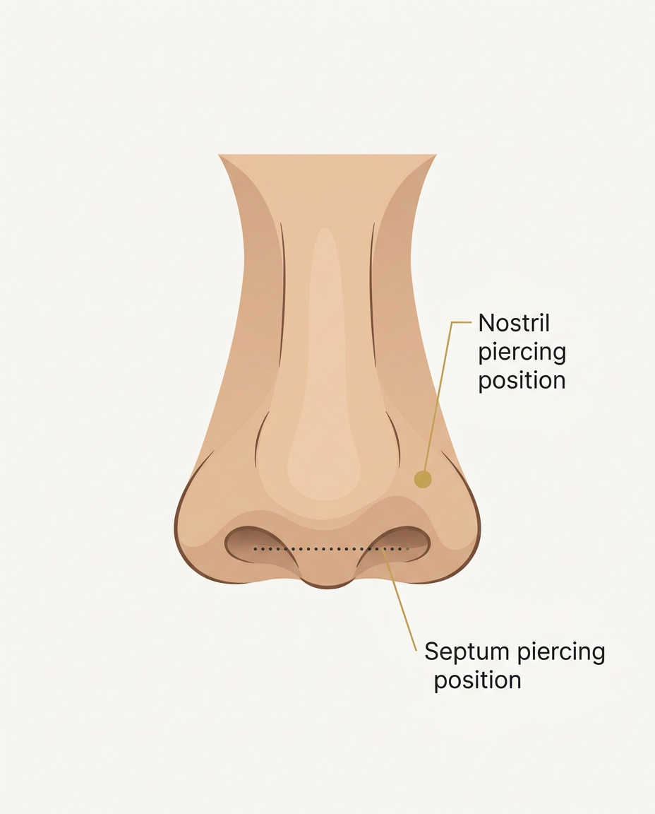 Nose piercing anatomy map showing nostril and septum positions