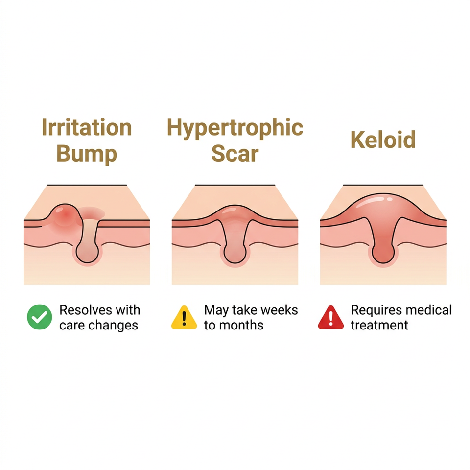 Nostril piercing bump types: irritation bump versus hypertrophic scar versus keloid visual comparison