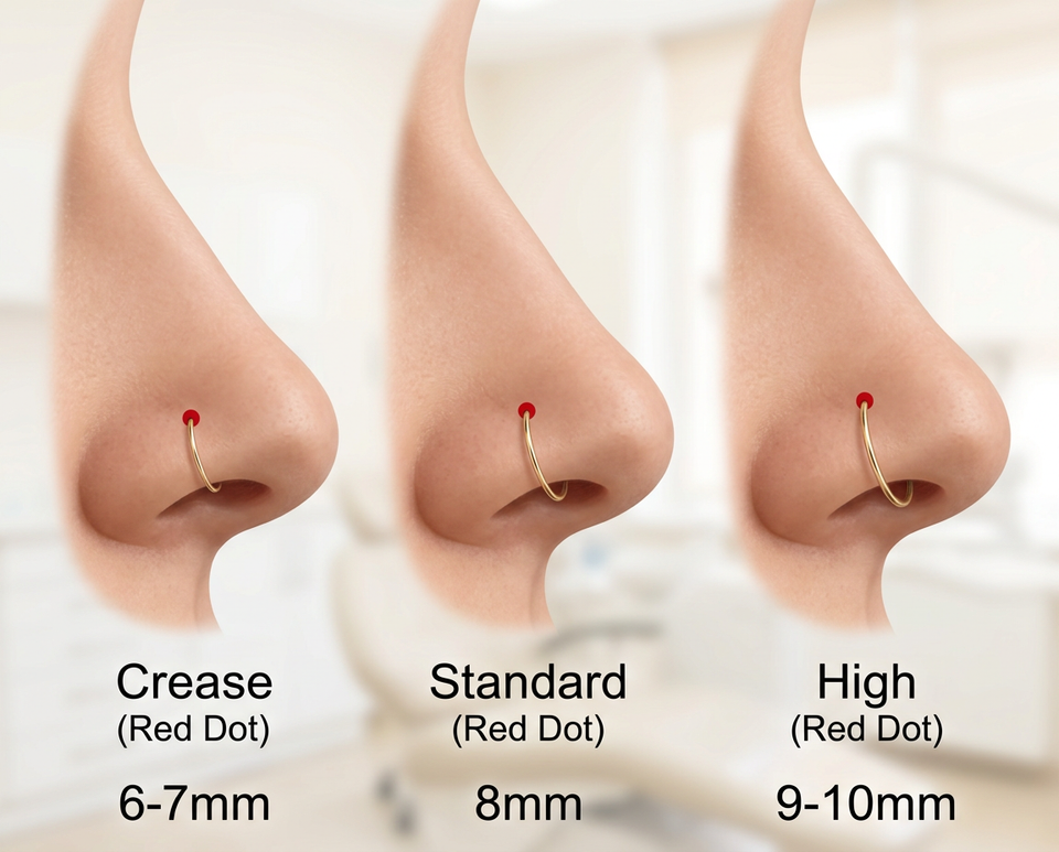 Nostril piercing placement diagram showing crease position, below-crease, and high nostril locations with recommended hoop diameters