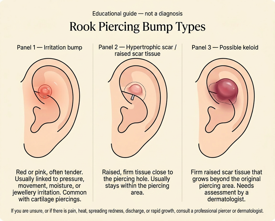 Rook piercing bump types: irritation bump versus hypertrophic scar versus keloid visual comparison