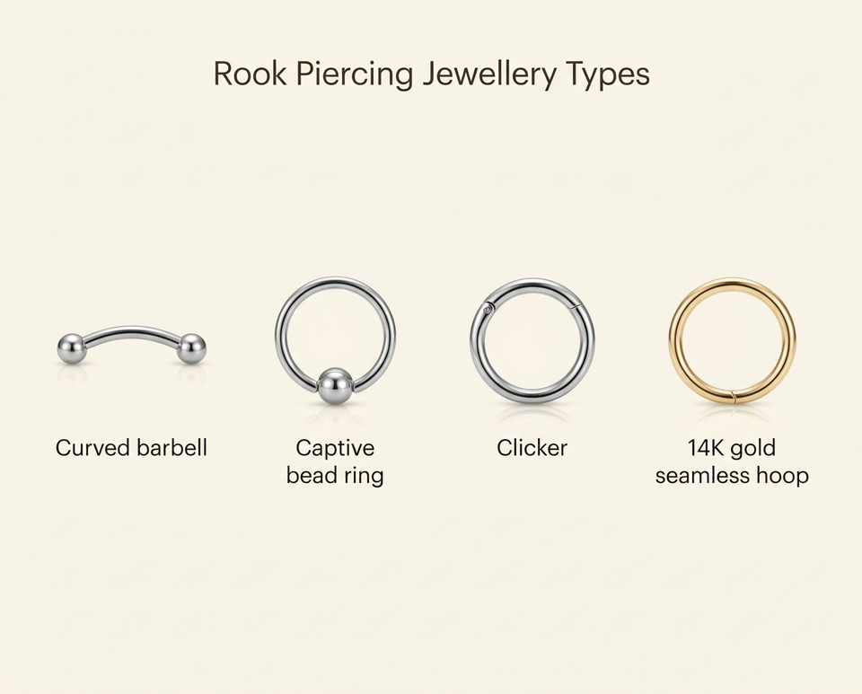 Rook piercing jewellery types compared: curved barbell, captive bead ring, clicker, and 14K gold seamless hoop