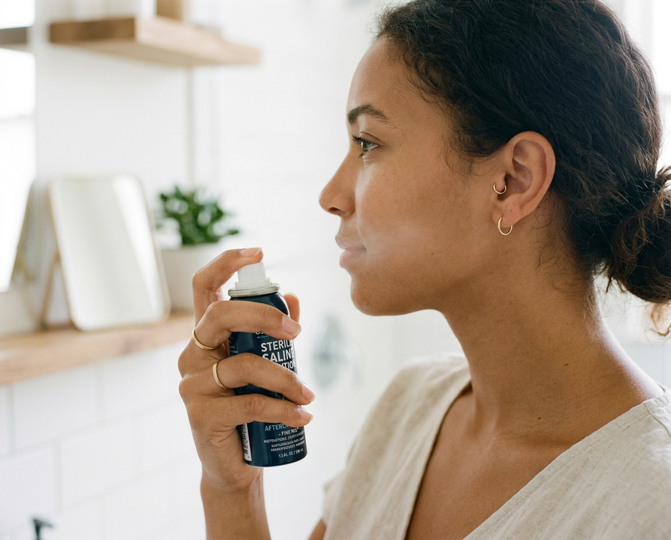 Saline spray being applied to a tragus piercing for aftercare cleaning