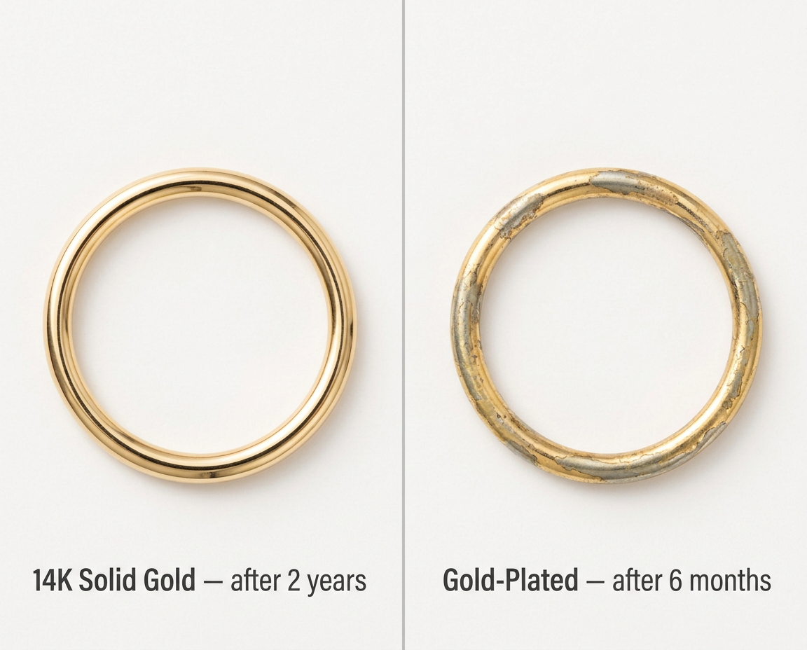14K solid gold seamless conch hoop compared to gold-plated ring showing coating breakdown over time