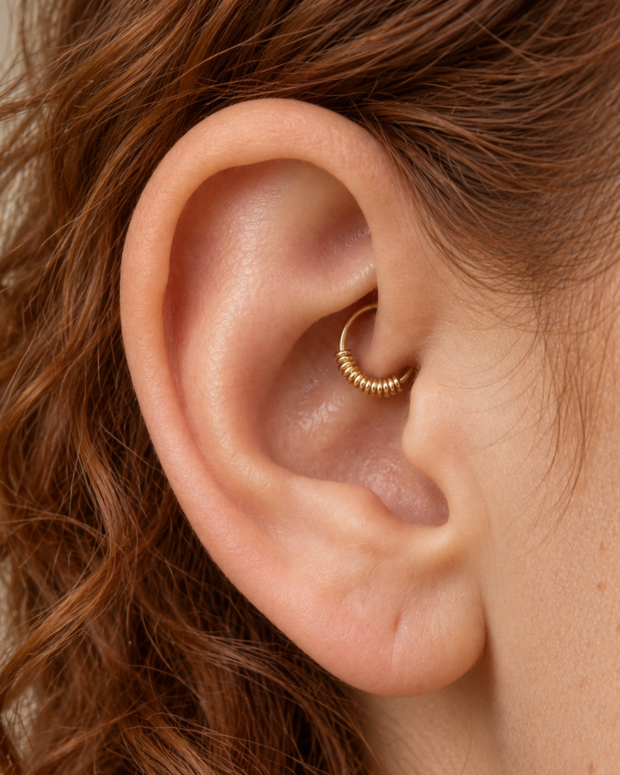 A small detail, tucked inside your ear. Solis brings a softly wrapped lower curve to a delicate 14ct solid gold daith ring. Fine gold wire is wound by hand around approximately half the hoop, while the upper arc stays smooth and polished.