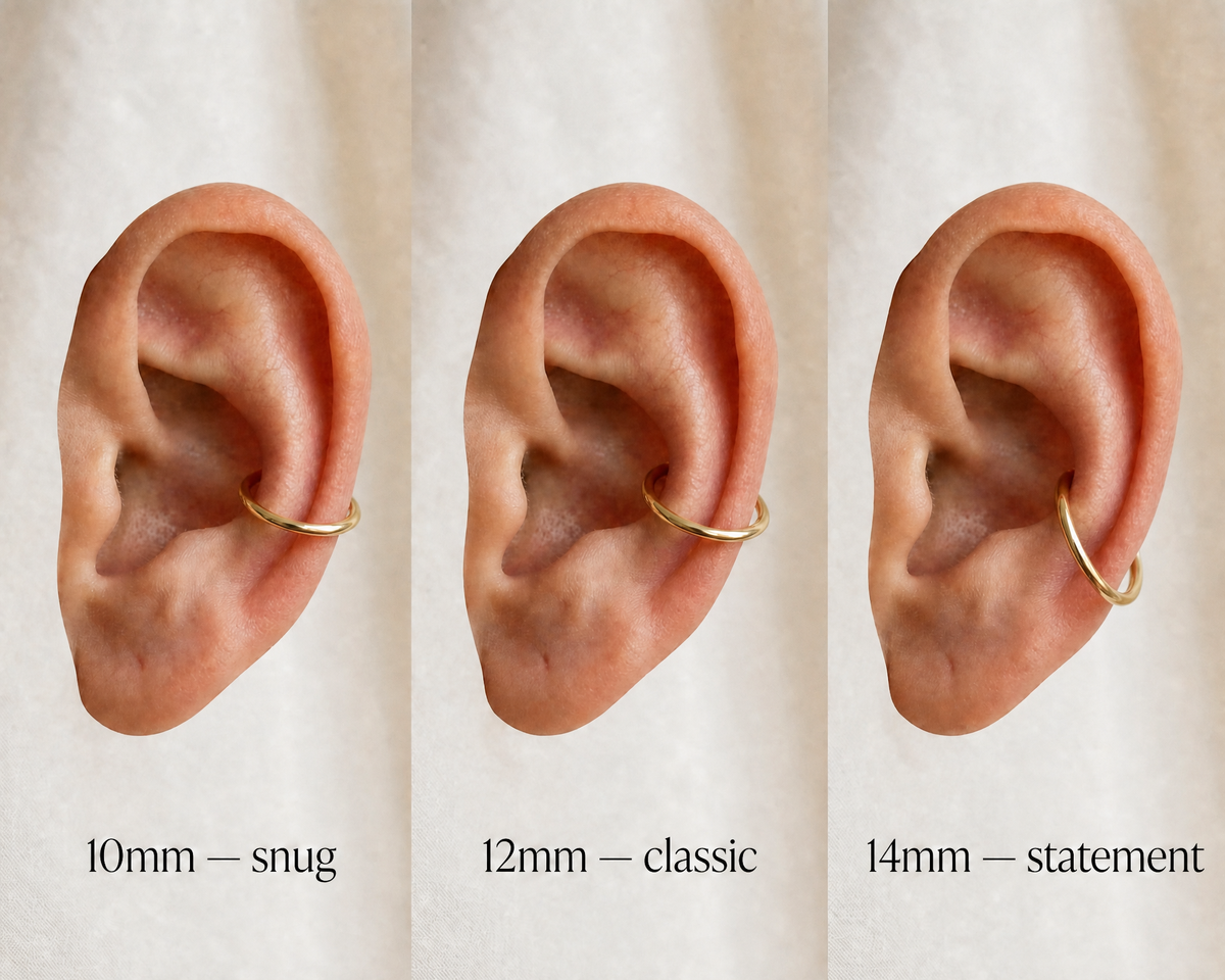 Three different conch hoop sizes showing 10mm 12mm and 14mm on the same ear for comparison