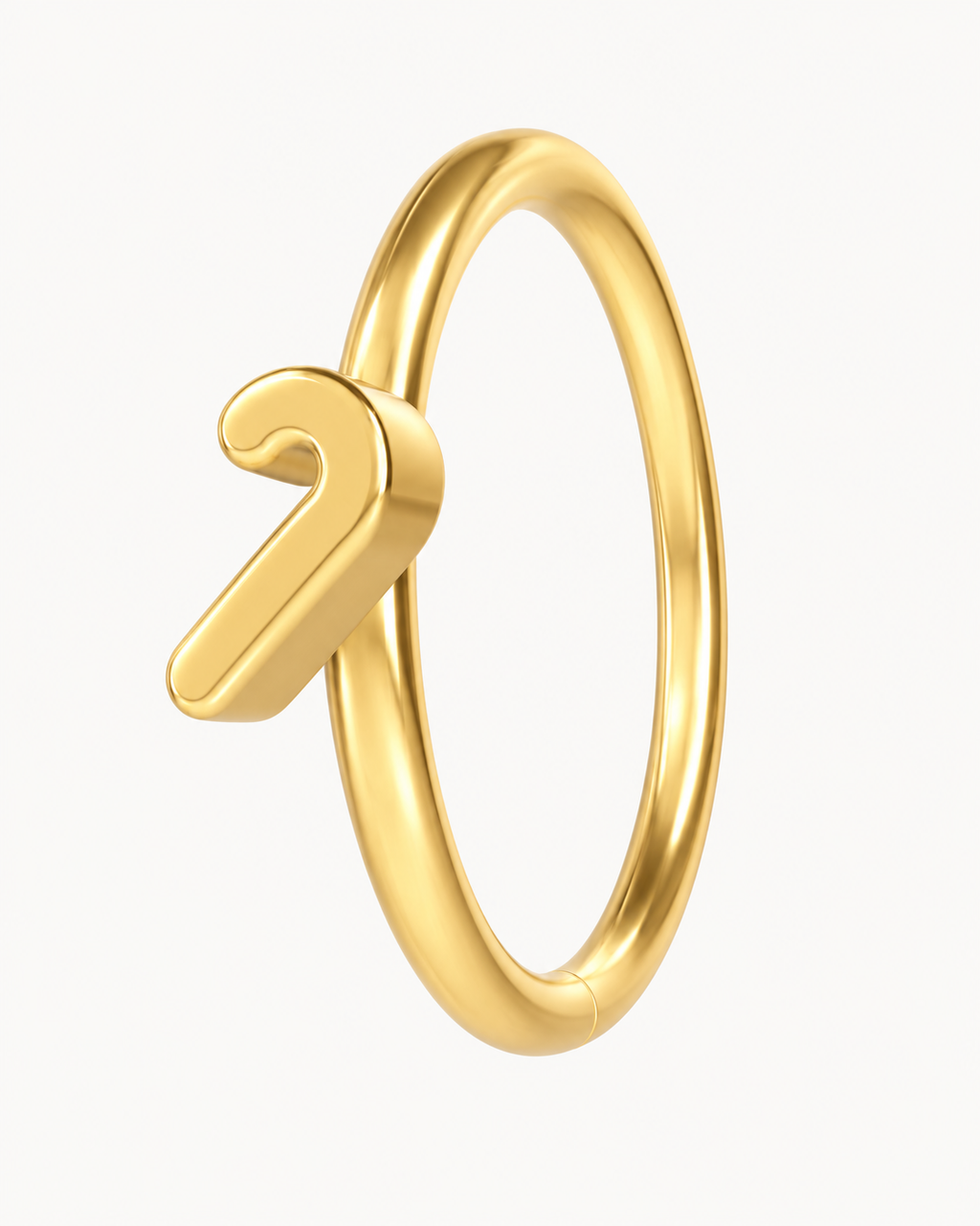 This miniature candy cane has a curved hook at the top and a straight stem with a rounded end. Its smooth gold surface has no engraved stripes, coloured enamel or gemstones, keeping the Christmas sweet-inspired outline clear and minimal.

Handmade to order in nickel-free 14ct solid gold, this candy cane nostril hoop is available in yellow, white or rose gold. Choose a 6, 7, 8, 9 or 10mm internal diameter and 18G (1.0mm) or 20G (0.8mm). The motif measures approximately 3mm. Designed for fully healed nostril 