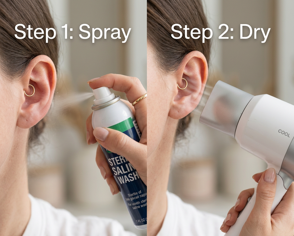 Saline spray being angled into the inner ear fold to clean a daith piercing with hair dryer for drying