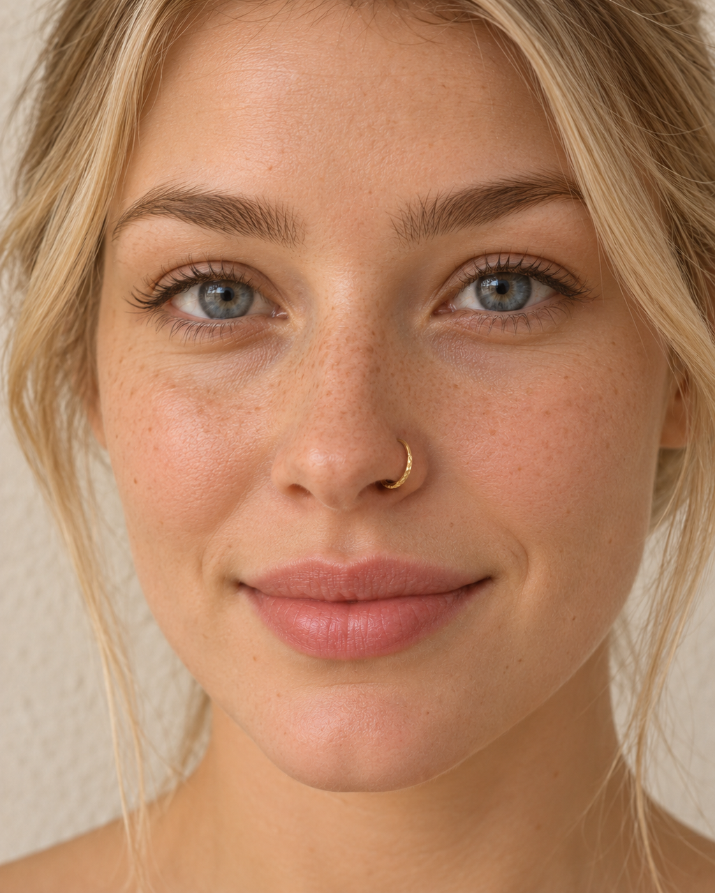 A delicate 14ct solid gold seamless nostril hoop with a hand-hammered outer curve. Made to order in 6–10mm, 18G or 20G, in yellow, white or rose gold.