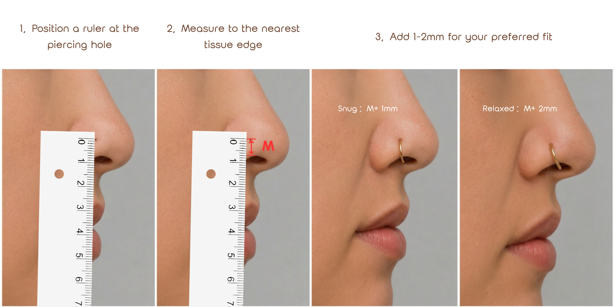 How to measure nostril piercing diameter: ruler held from piercing hole to bottom edge of nostril