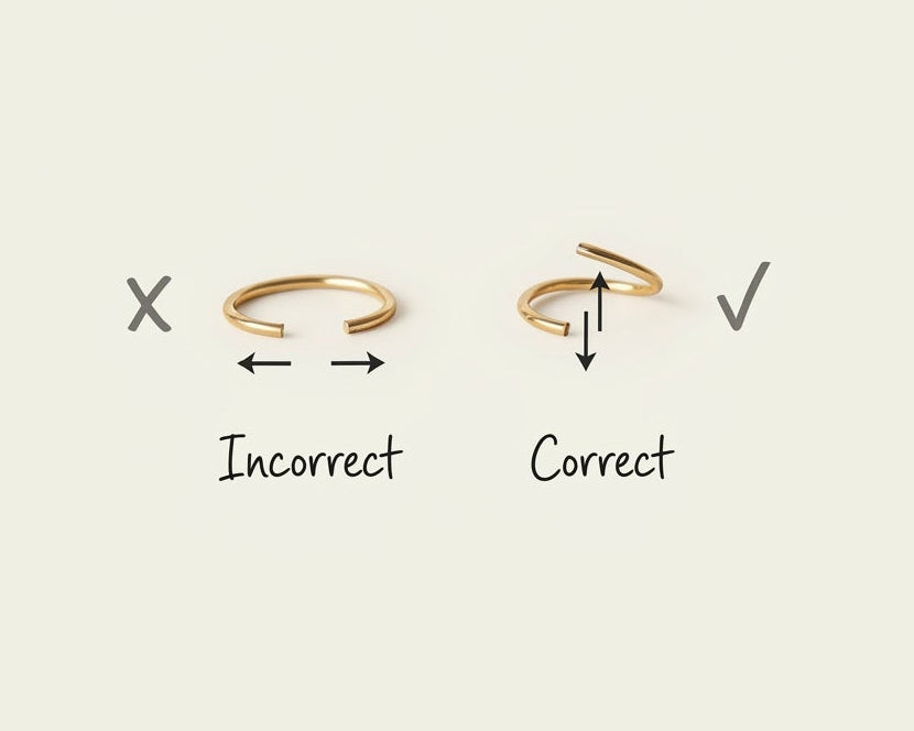 Correct twist technique versus incorrect pull technique for opening a 14K gold seamless conch hoop