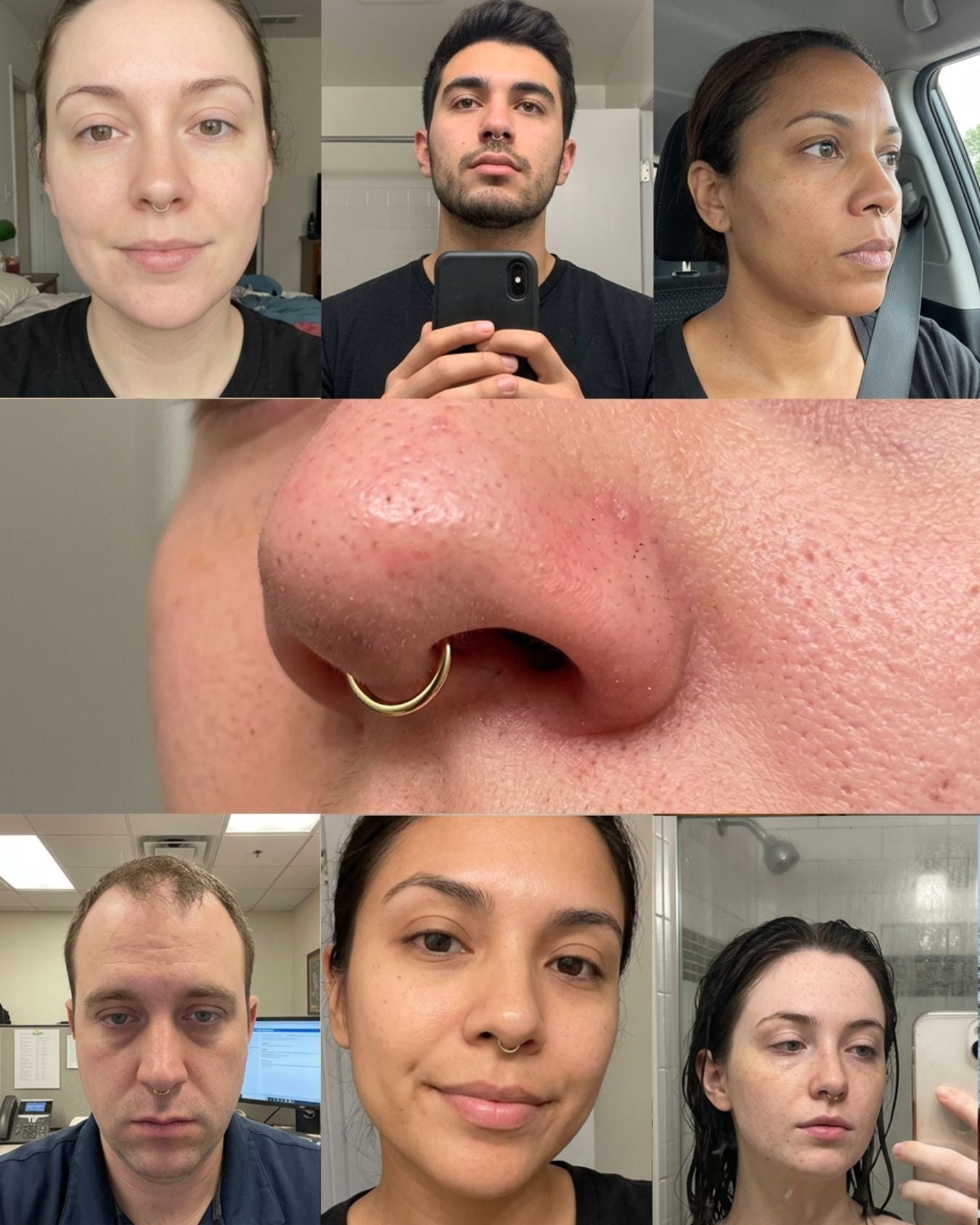 Collage of various people with a close-up of a nose with a 14ct gold septum ring.