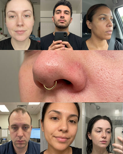 Collage of various people with a close-up of a nose with a 14ct gold septum ring.