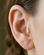 A tiny flower brings a light botanical accent without making the jewellery feel busy. Made for fully healed tragus piercings, it adds a compact decorative detail without turning the piece into a dangling design. Handmade to order in 14ct solid gold, it fits naturally with floral, botanical and nature-inspired styling rather than reading as a generic plain hoop.