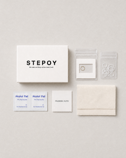 stepoy 14ct soild gold ring package , include 14ct soild gold seamless ring , gift box , silicone size ring , alcohol pad , ring bag, polising cloth 