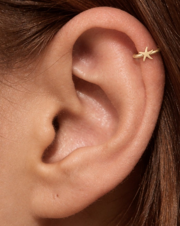This little starfish has five softly tapered arms, each with a rounded tip. Their gently varied curves give it a sea-life silhouette, while the smooth, polished surface keeps the detail simple. There are no gemstones or textured embellishments.