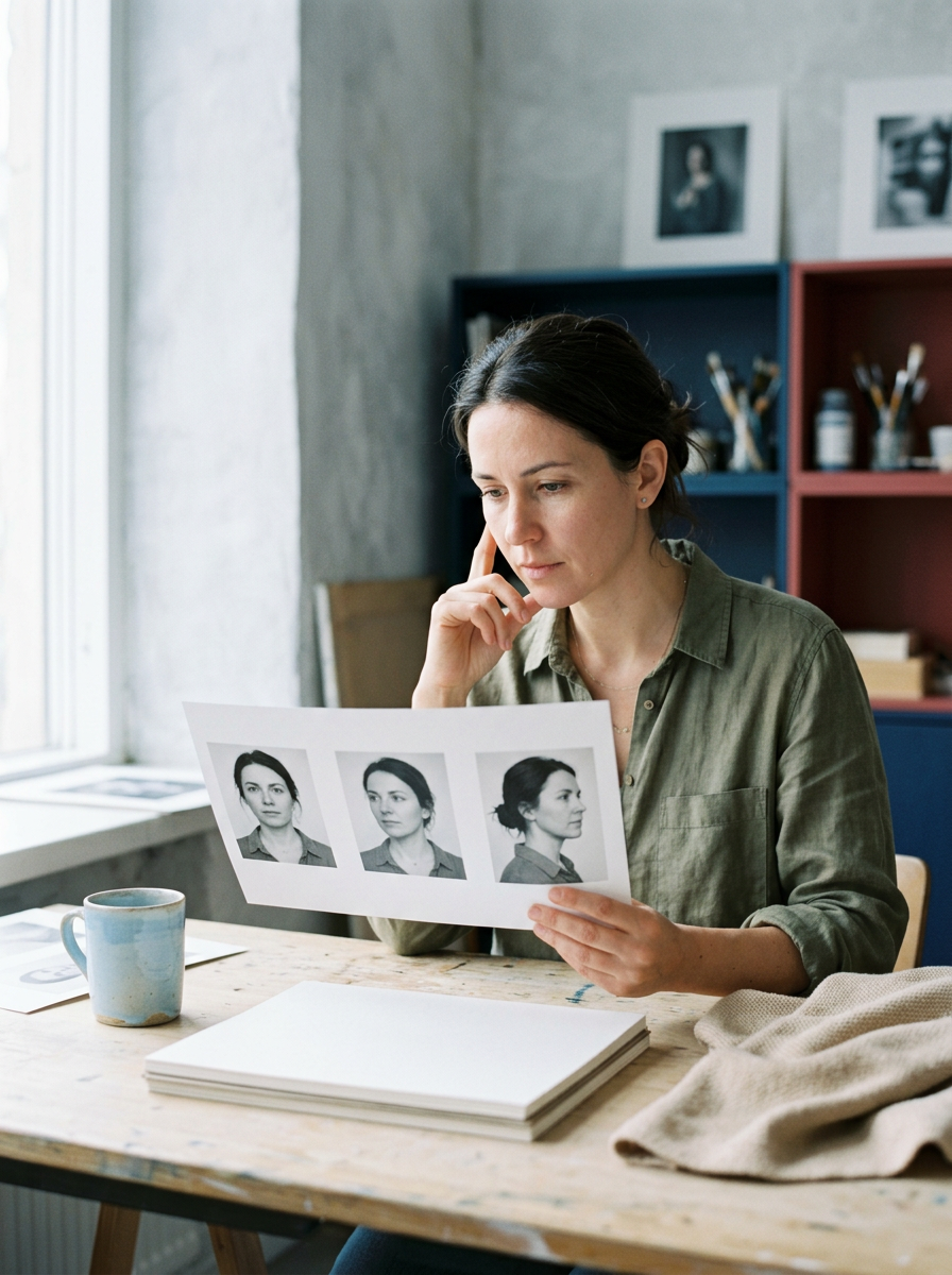 A person comparing front, three-quarter and profile photographs of their jewellery styling
