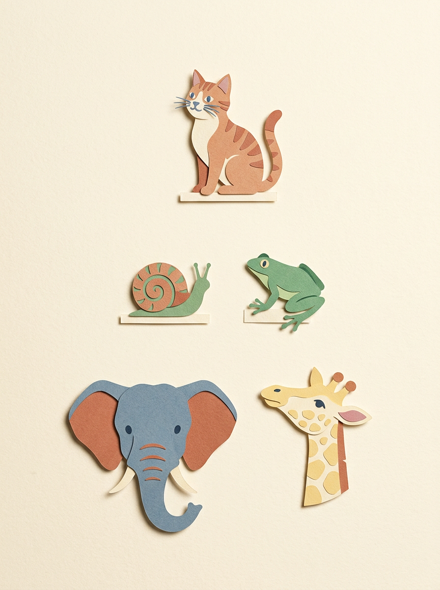 Editorial animal illustration with cat, snail, frog, elephant and giraffe elements