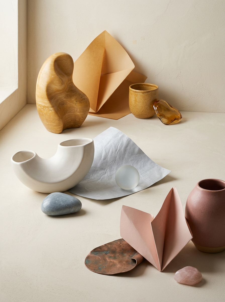 Abstract yellow, silver-blue and rose objects representing three gold colour choices
