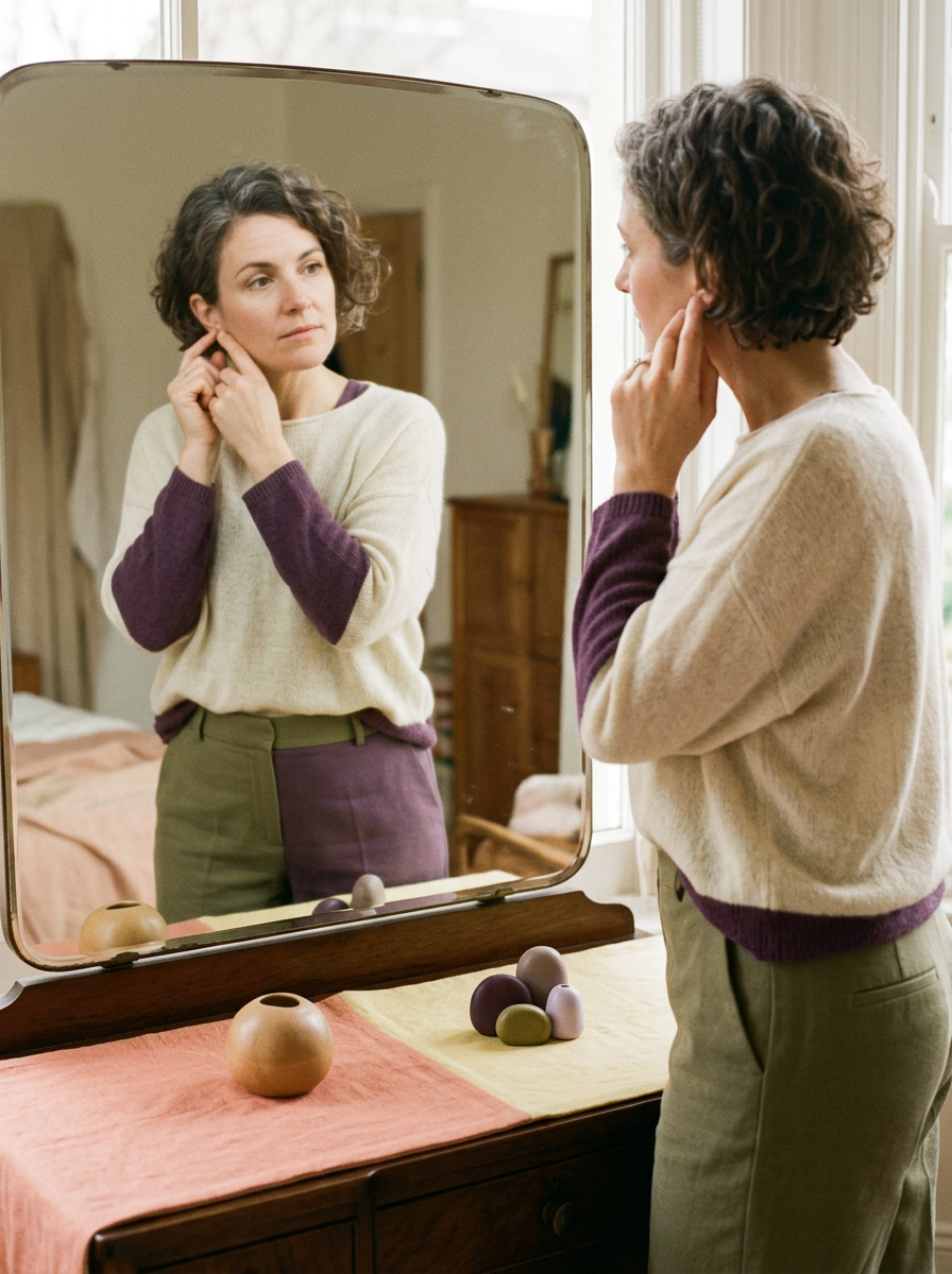 A person comparing a single ear detail with a layered ear look in a mirror