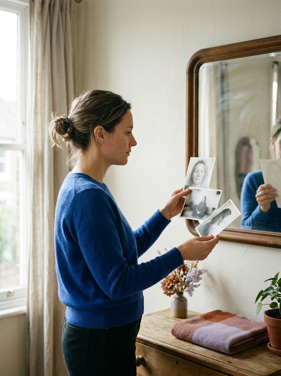 A person comparing photographs of an ear stack beside a mirror