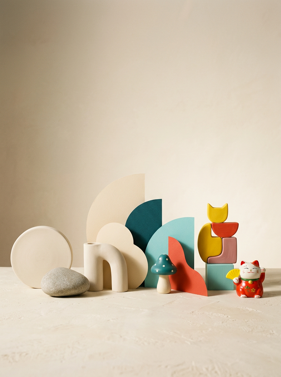 Minimal geometric objects beside colourful playful collectibles