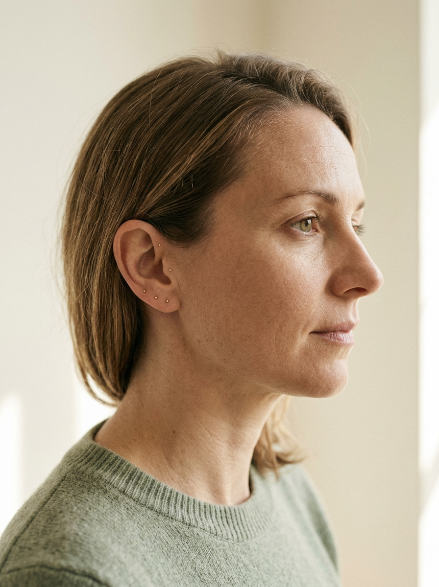 A balanced lobe stack with one tiny animal motif hoop and plain gold hoops