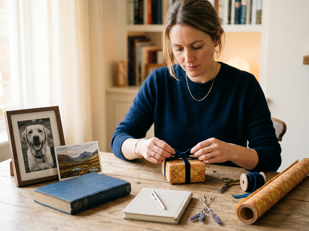 An adult choosing a wrapped gift beside photographs, a pet picture and a notebook