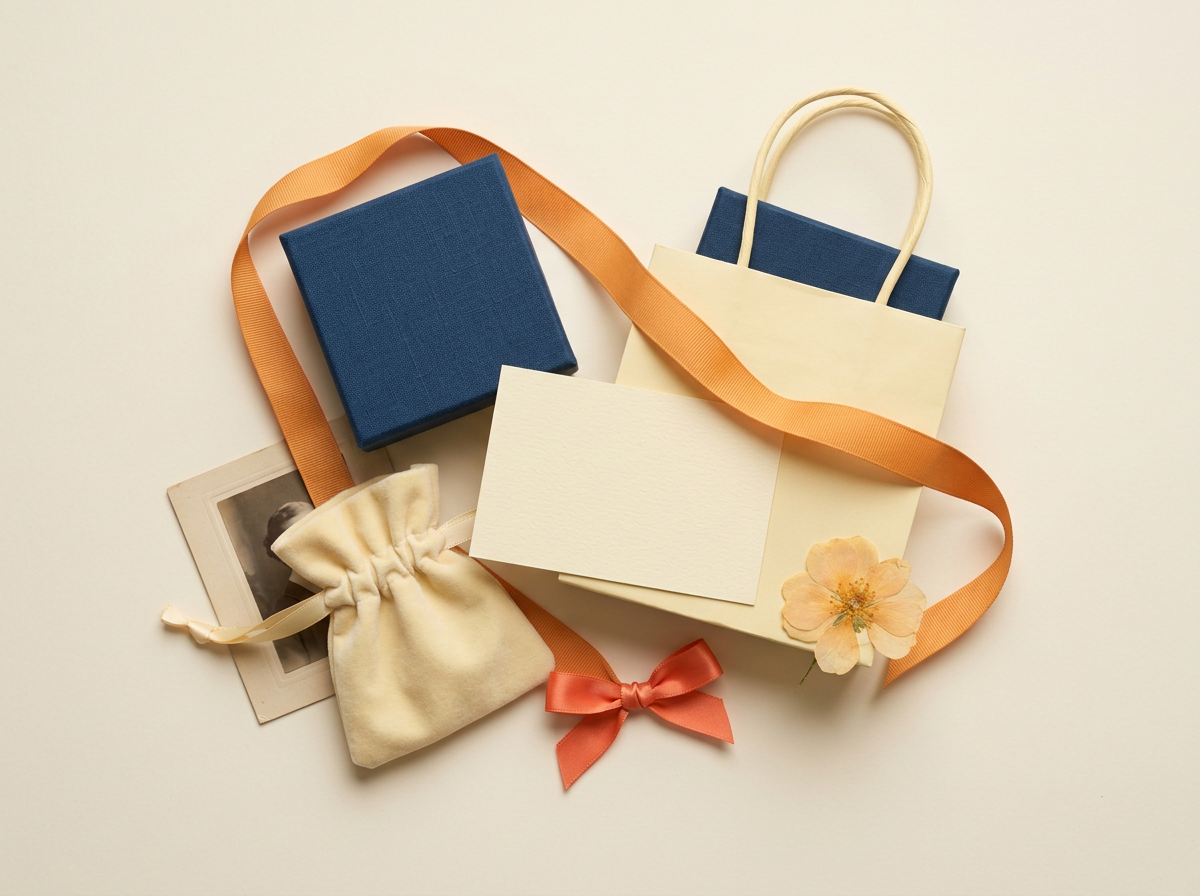 A closed gift box, pouch, gift bag and handwritten congratulations card
