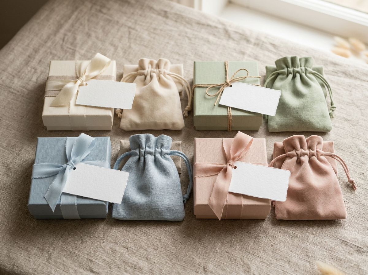 Coordinated gift boxes, jewellery pouches, ribbon and bridesmaid name cards