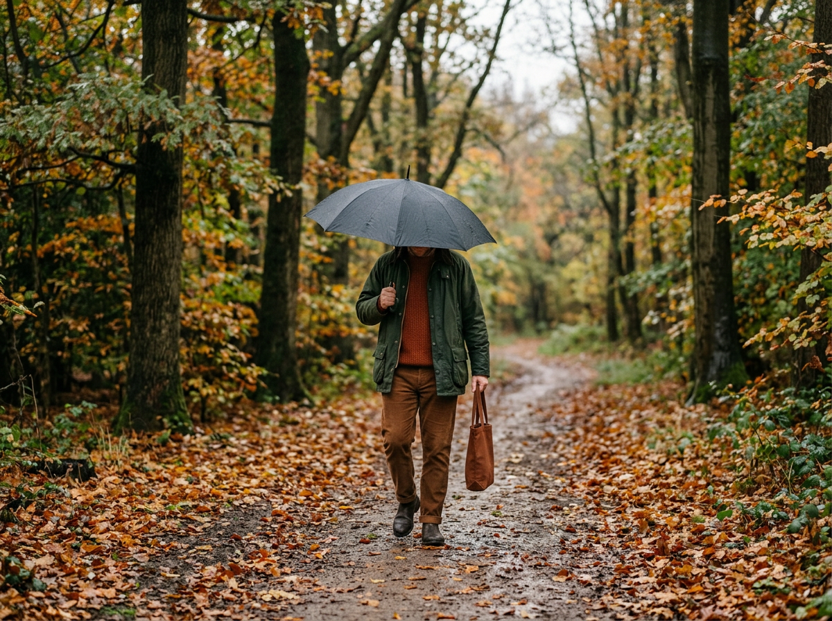 Autumn rainy-day lifestyle scene in warm forest and rust tones