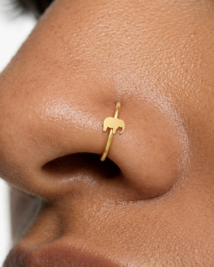 A tiny elephant nose ring in 14ct solid gold. Handmade to order in yellow, white or rose gold, with 6–10mm diameters and 18G or 20G for healed nostril piercings.