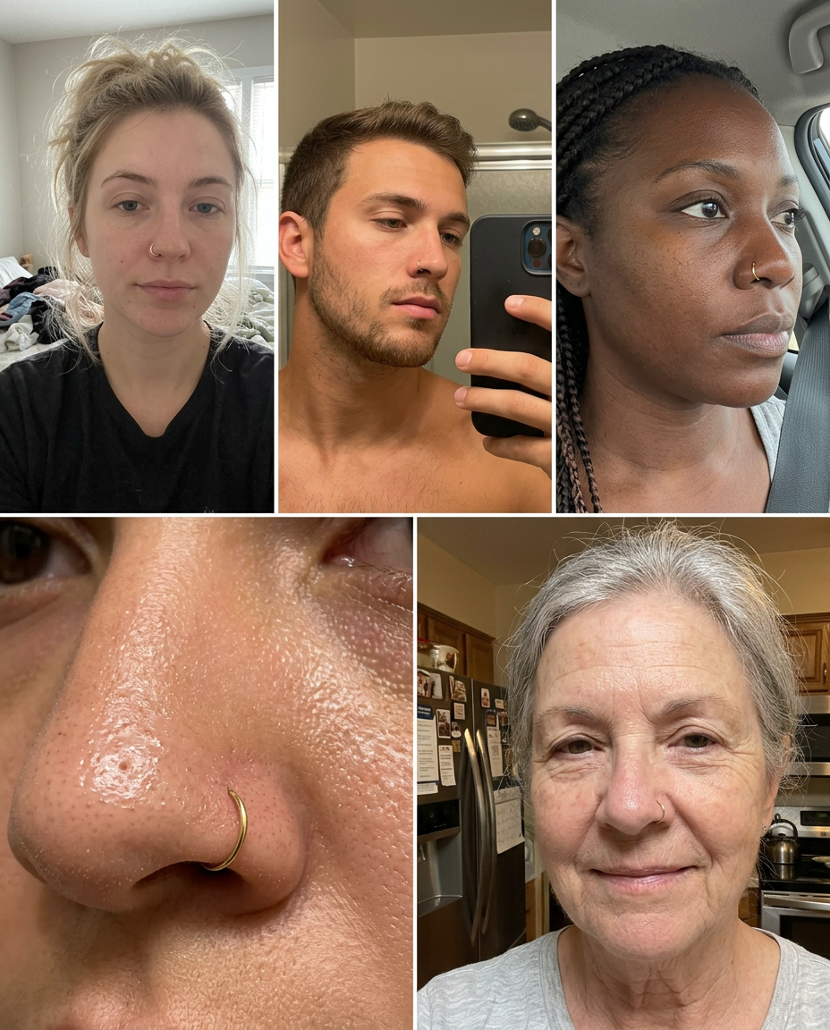 Collage of various people with close-up of a nose and another person wearing 14ct gold nostril hoop 