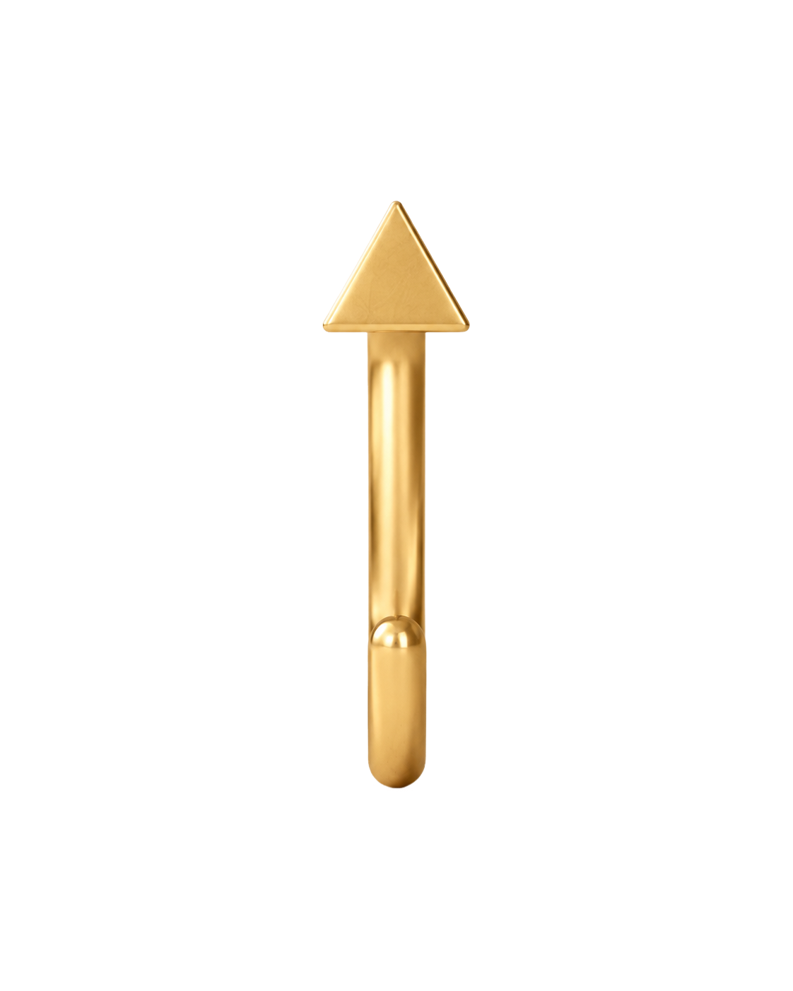 A geometric 14ct solid gold Triangle Huggie Hoop with three clean sides and a softly dimensional finish. Available in 18G or 20G, 6–10mm, in three gold colours.
