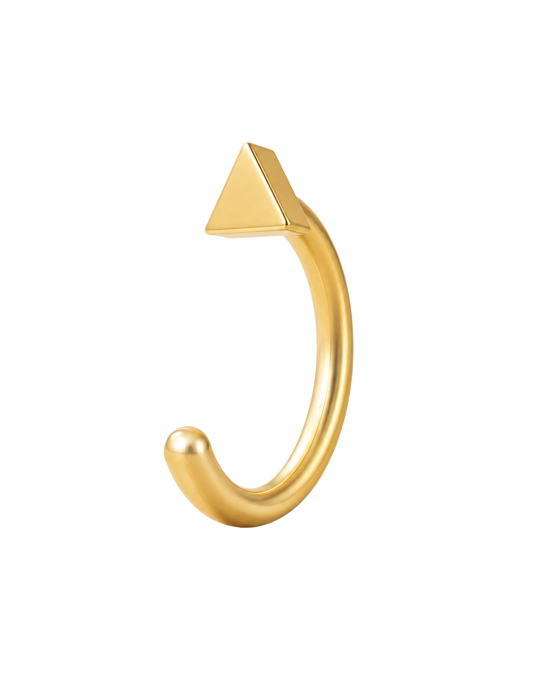 A geometric 14ct solid gold Triangle Huggie Hoop with three clean sides and a softly dimensional finish. Available in 18G or 20G, 6–10mm, in three gold colours.