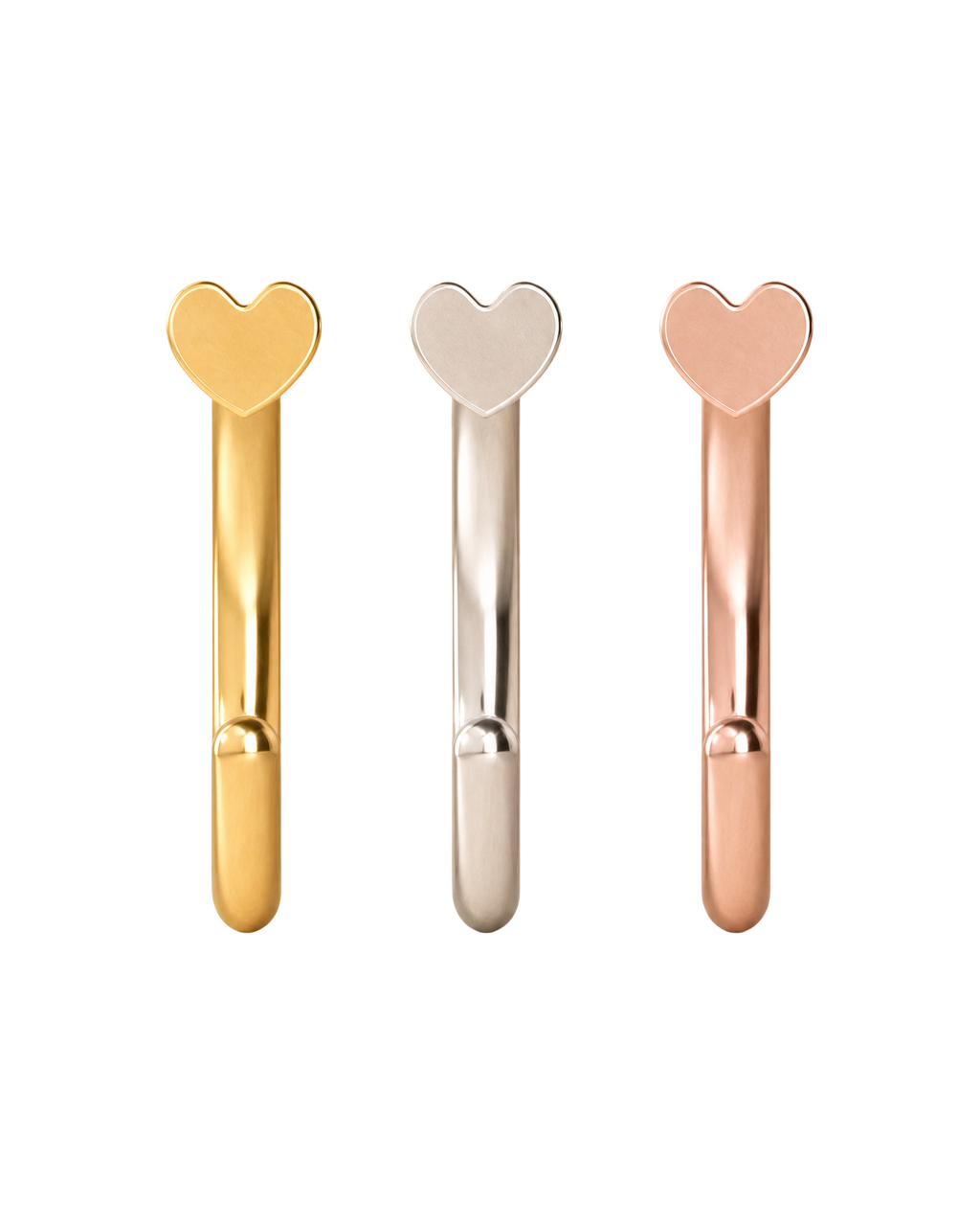 A timeless 14ct solid gold heart huggie hoop with an open design for easier fitting. No twisting or end alignment required — simply guide the smooth end through your fully healed nose or ear piercing and rotate it into position.
