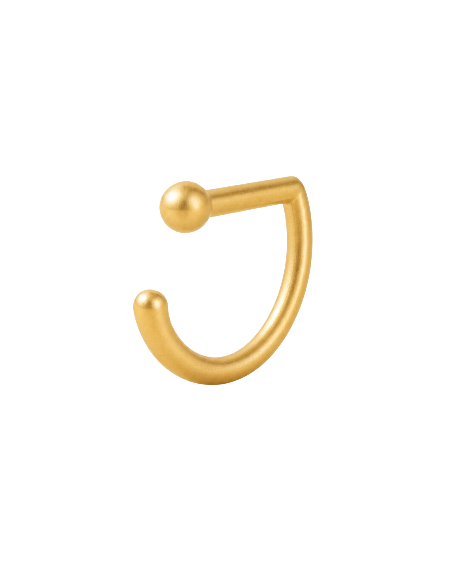 This handmade 14K solid gold D-shaped septum ring features an open hoop with a rounded ball end. A straight upper section meets a curved outline, creating a distinctive geometric shape with a simple spherical detail.