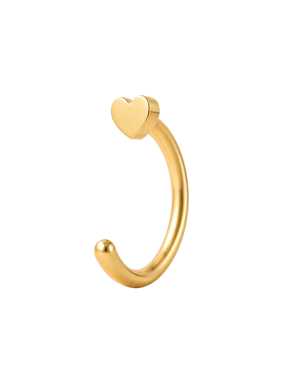 A timeless 14ct solid gold heart huggie hoop with an open design for easier fitting. No twisting or end alignment required — simply guide the smooth end through your fully healed nose or ear piercing and rotate it into position.