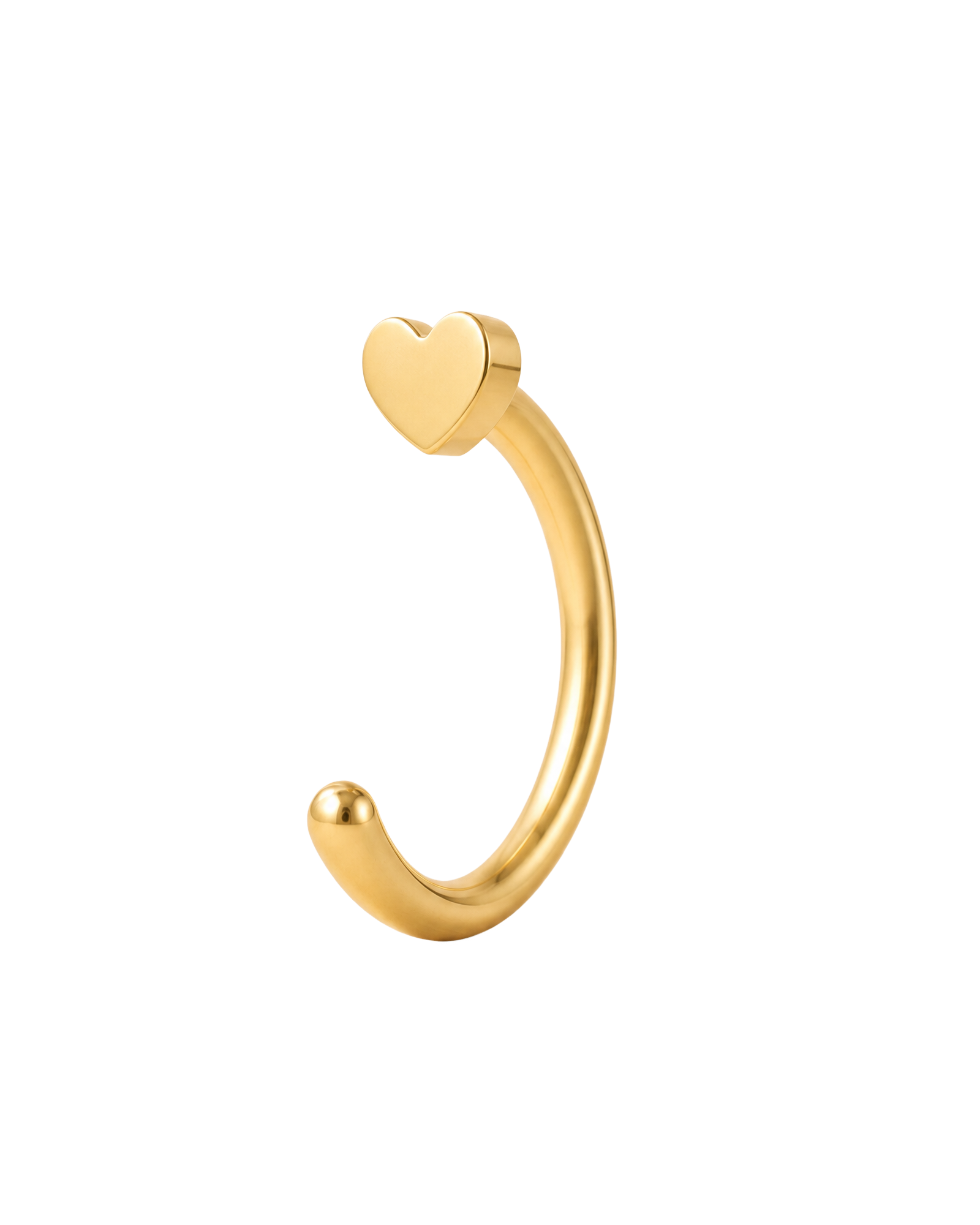 A timeless 14ct solid gold heart huggie hoop with an open design for easier fitting. No twisting or end alignment required — simply guide the smooth end through your fully healed nose or ear piercing and rotate it into position.