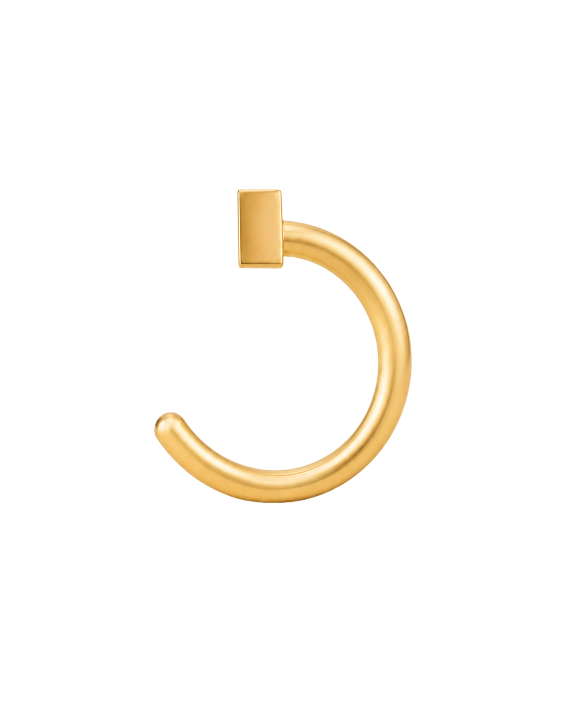 A geometric 14ct solid gold Triangle Huggie Hoop with three clean sides and a softly dimensional finish. Available in 18G or 20G, 6–10mm, in three gold colours. 
