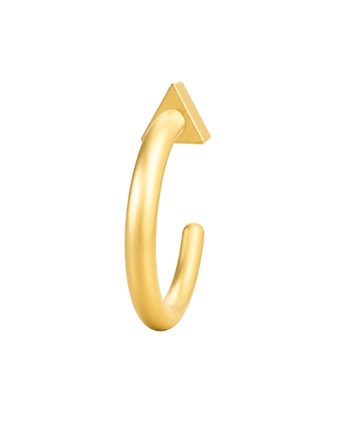 A geometric 14ct solid gold Triangle Huggie Hoop with three clean sides and a softly dimensional finish. Available in 18G or 20G, 6–10mm, in three gold colours.