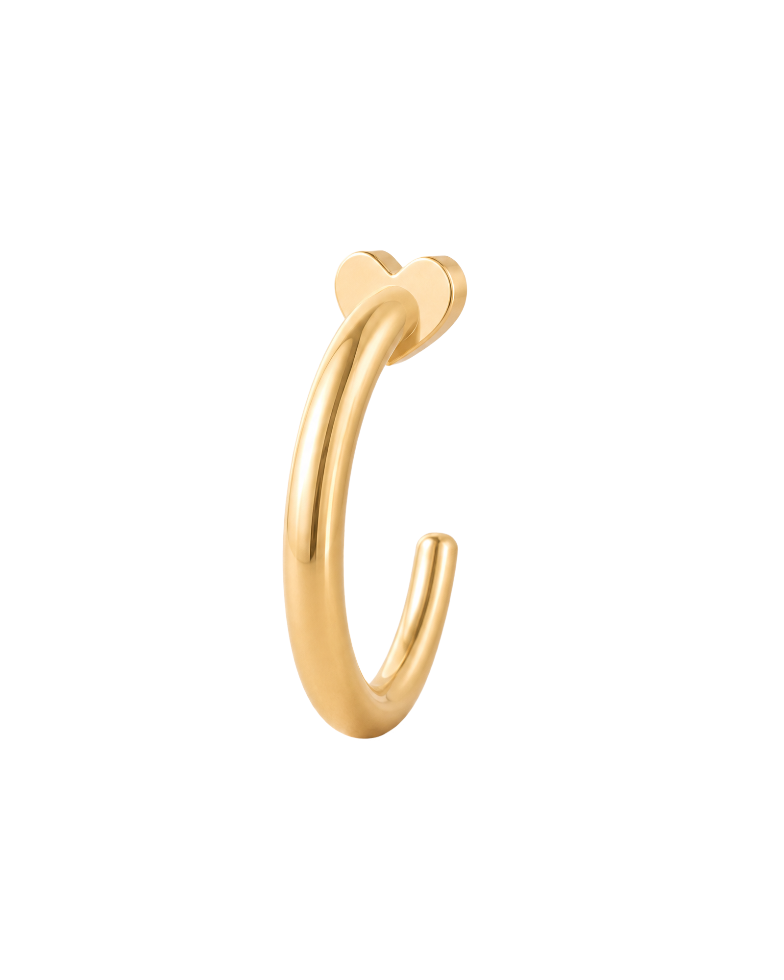 A timeless 14ct solid gold heart huggie hoop with an open design for easier fitting. No twisting or end alignment required — simply guide the smooth end through your fully healed nose or ear piercing and rotate it into position.