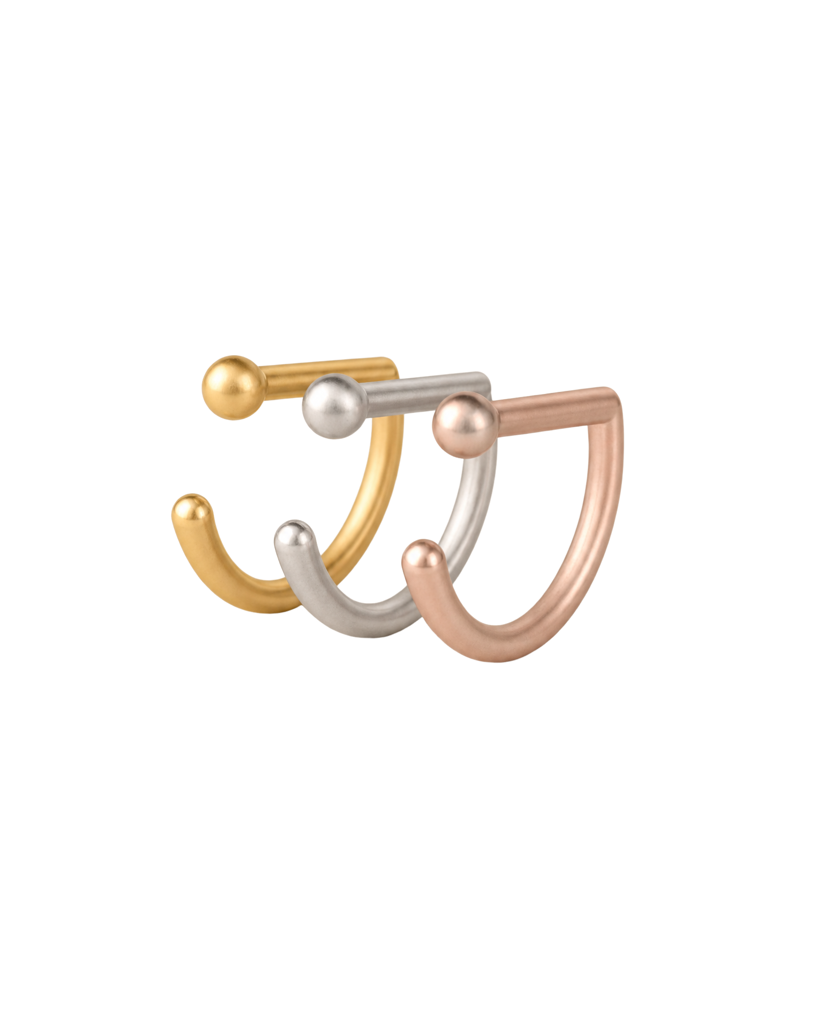 This handmade 14K solid gold D-shaped septum ring features an open hoop with a rounded ball end. A straight upper section meets a curved outline, creating a distinctive geometric shape with a simple spherical detail.