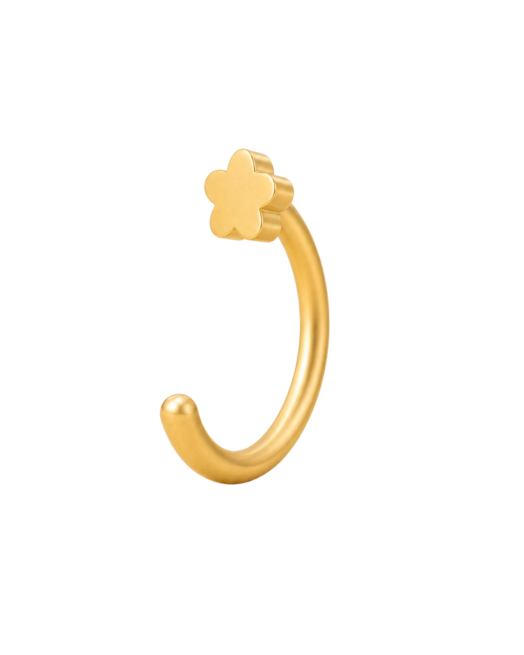 A delicate 14ct solid gold flower huggie hoop with an open design for easier fitting. No twisting or end alignment required — simply guide the smooth end through your fully healed nose or ear piercing and rotate it into position.