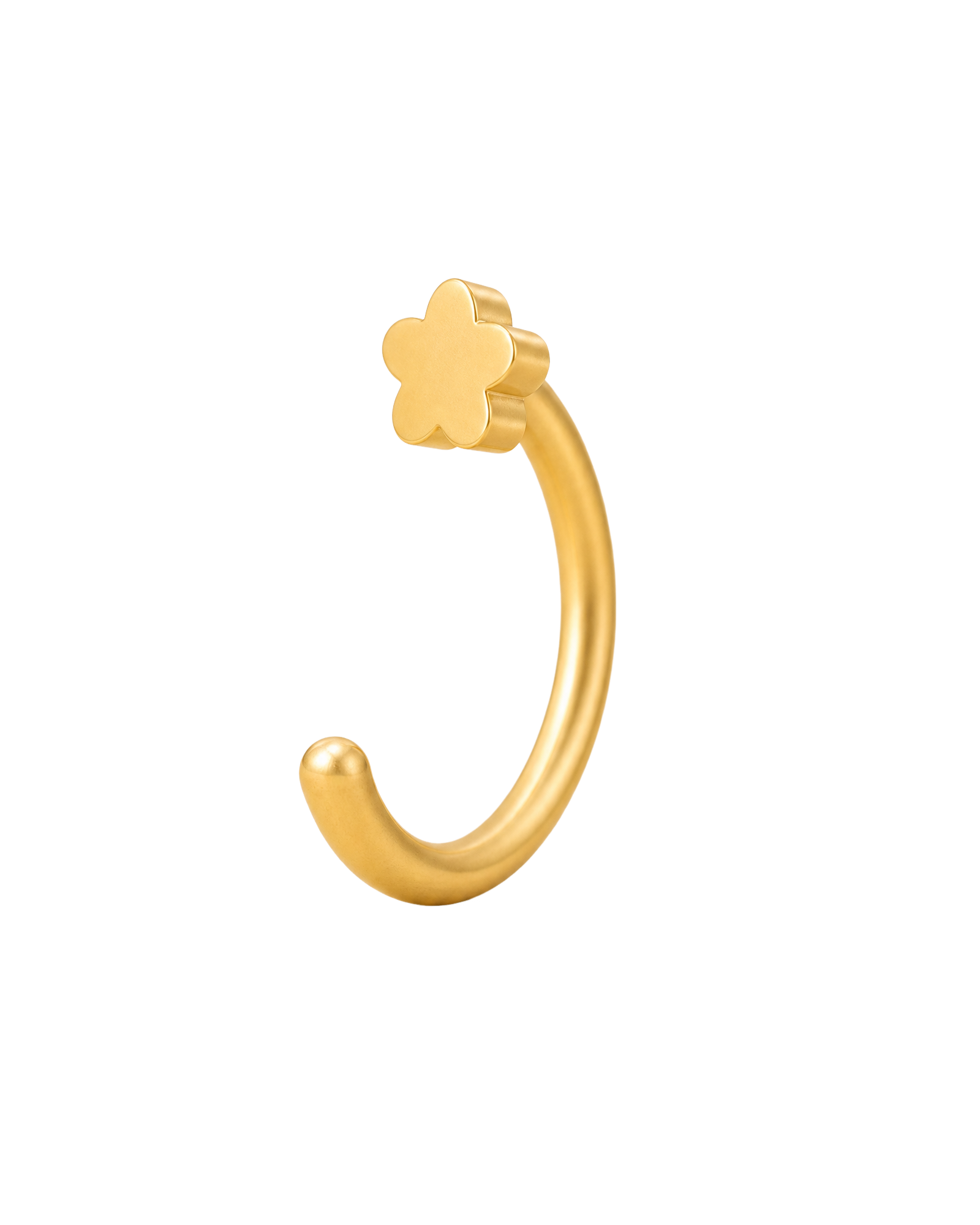 A delicate 14ct solid gold flower huggie hoop with an open design for easier fitting. No twisting or end alignment required — simply guide the smooth end through your fully healed nose or ear piercing and rotate it into position.