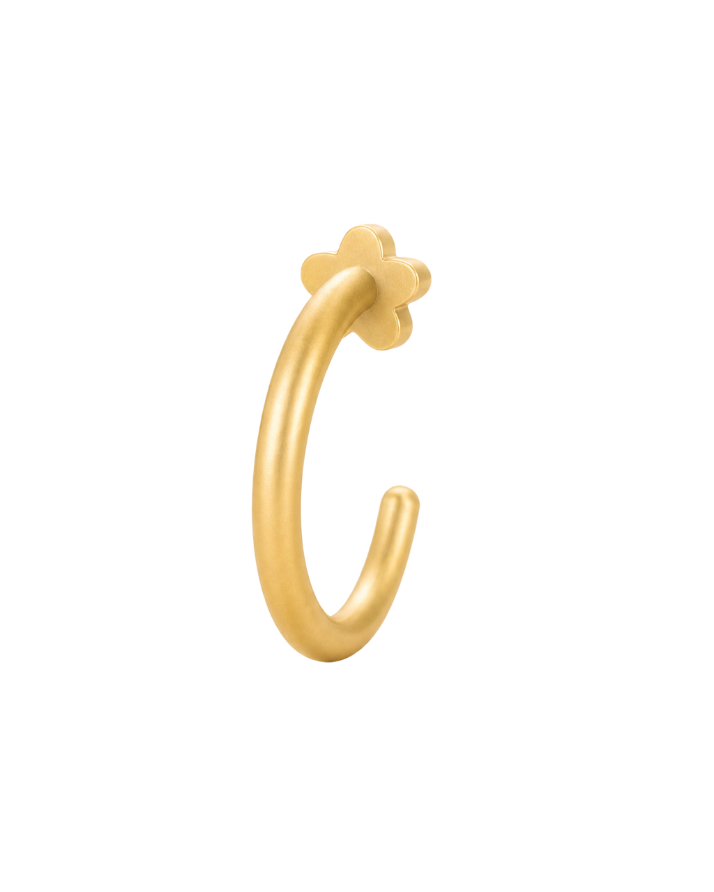 A delicate 14ct solid gold flower huggie hoop with an open design for easier fitting. No twisting or end alignment required — simply guide the smooth end through your fully healed nose or ear piercing and rotate it into position.