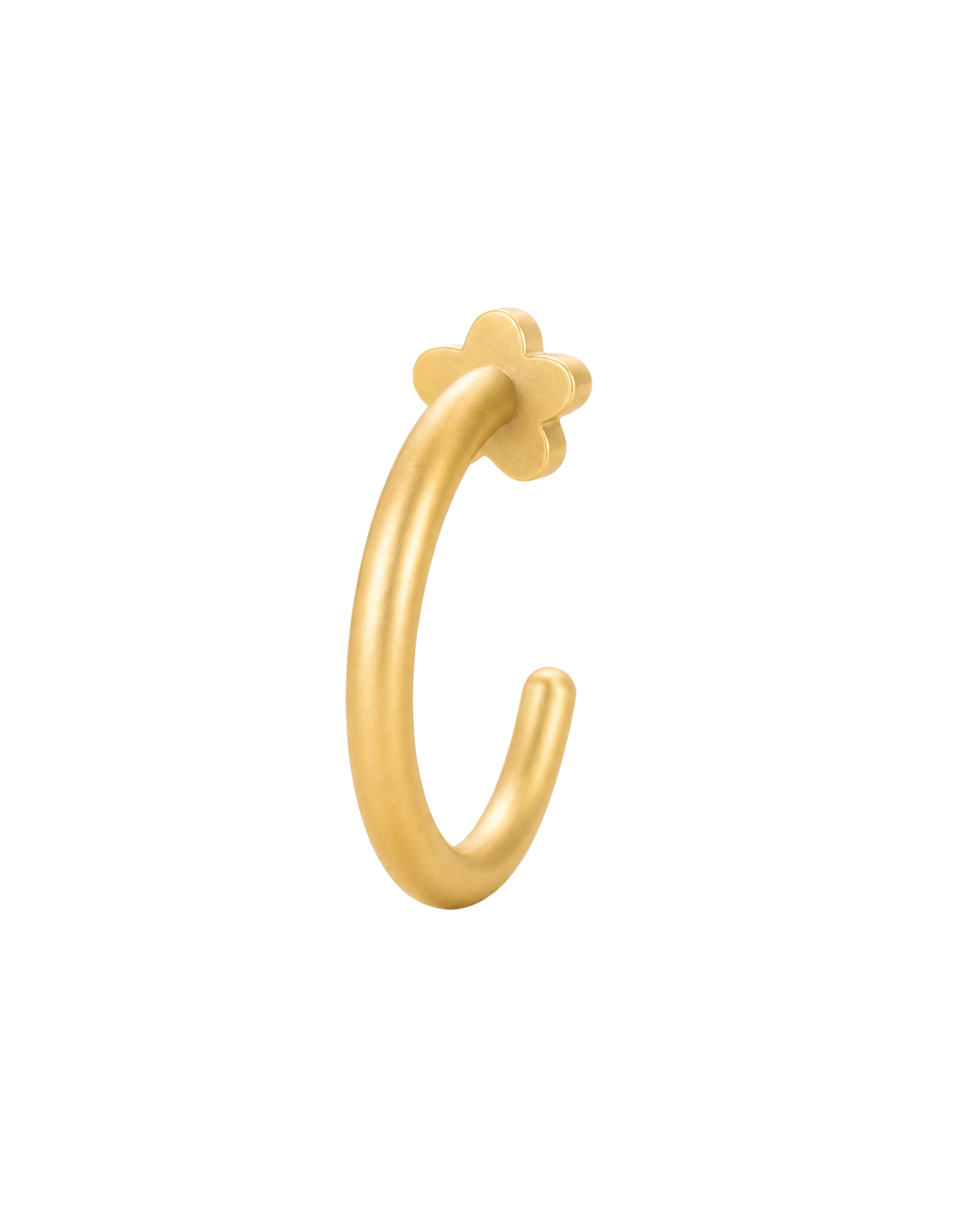 A delicate 14ct solid gold flower huggie hoop with an open design for easier fitting. No twisting or end alignment required — simply guide the smooth end through your fully healed nose or ear piercing and rotate it into position.